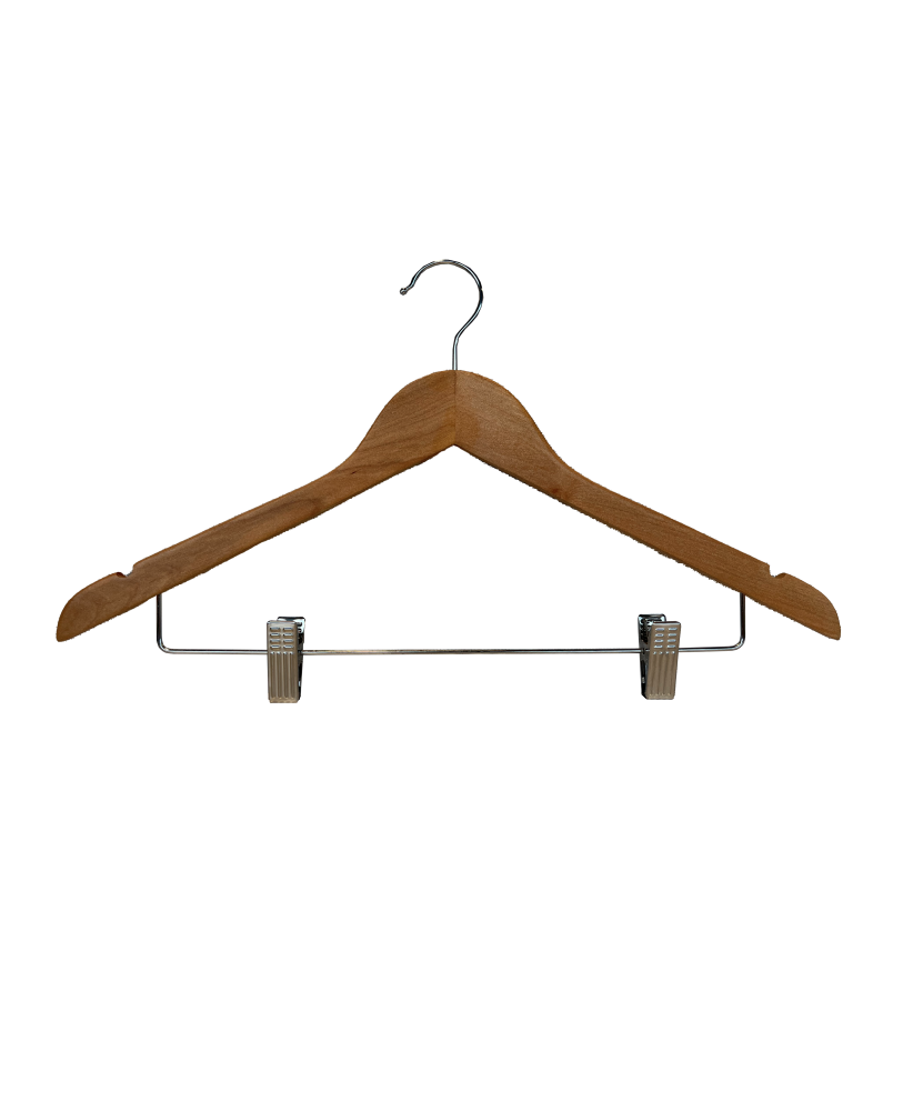 Lot 50 cintres bois naturel avec pinces | Manusec